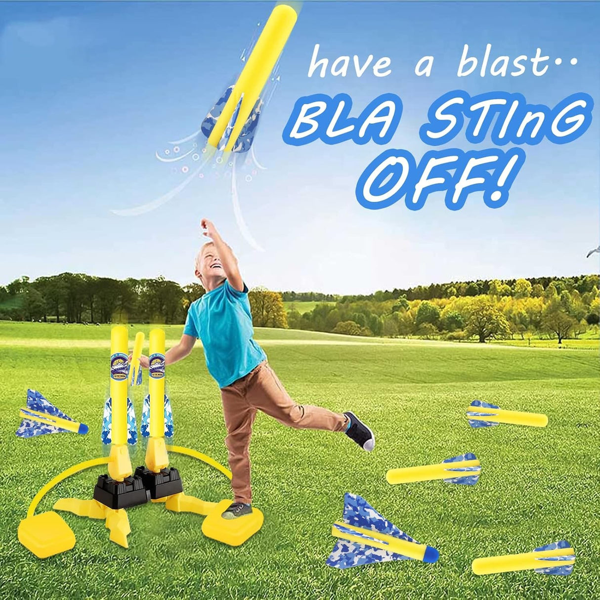 Jucarie pentru Copii, Vivimall, Lansator de Rachete cu Piciorul, Doua Lansatoare, 6 Rachete Fara Lumini, 45x18 cm, Galben - vivimall.ro