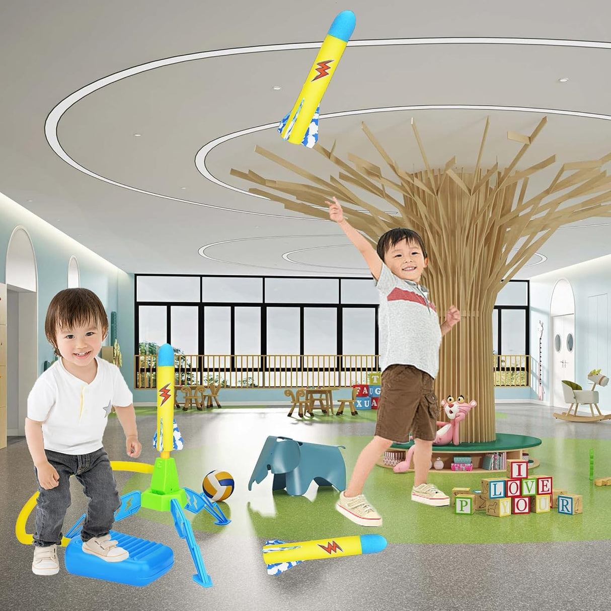 Jucarie pentru Copii, Vivimall, Lansator de Rachete cu Piciorul, un Singur Lansator, 3 Rachete cu Lumini, 40.5 cm Inaltime, Multicolor - vivimall.ro