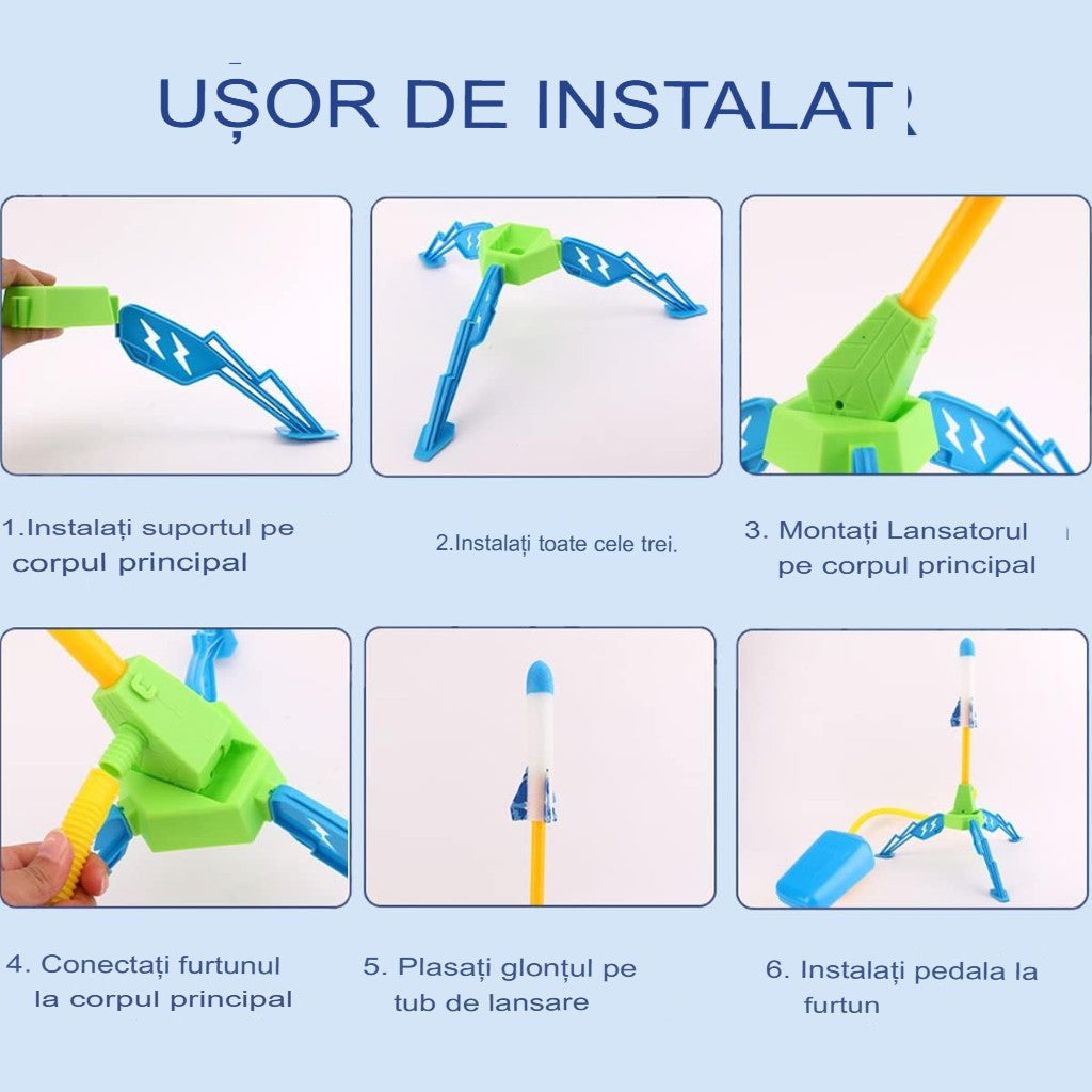 Jucarie pentru Copii, Vivimall, Lansator de Rachete cu Piciorul, un Singur Lansator, 6 Rachete Fara Lumini, 40.5 cm Inaltime, Multicolor - vivimall.ro