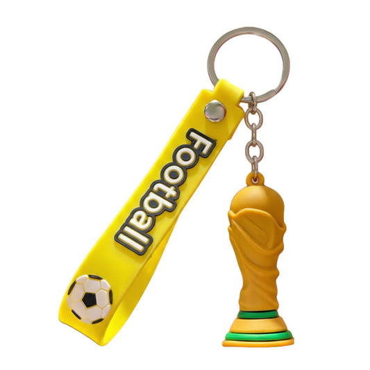 Breloc chei Flippy model trofeu fotbal din cauciuc moale galben, vedere frontală, 6.2x3.4 cm