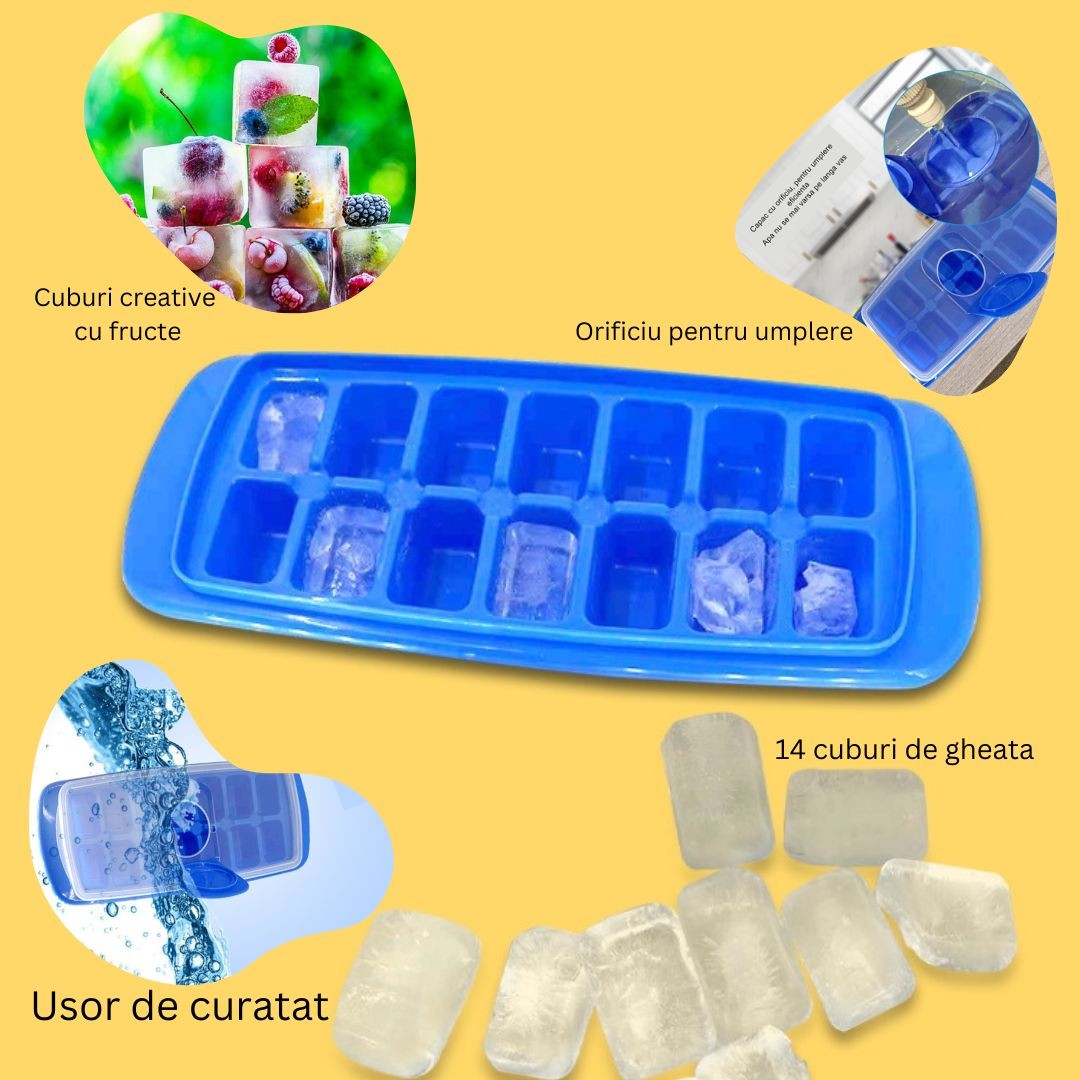 Forma pentru cuburi de gheata Vivimall, 14 cuburi, reutilizabil, plastic alimentar, cu capac, orificiu umplere, dreptunghiulara, 29.5 x 12.5 x4 cm, albastru - vivimall.ro