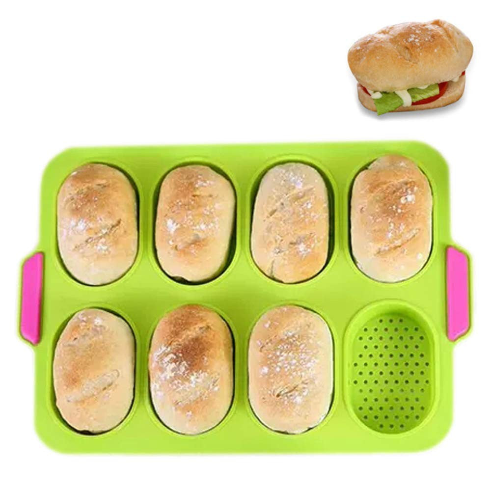 Forme de Silicon pentru Copt, Vivimall, 8 Forme Ovale, pentru Paine si Prajituri, 34.5 x 23.8 x 2.5 cm, Verde/Roz - vivimall.ro