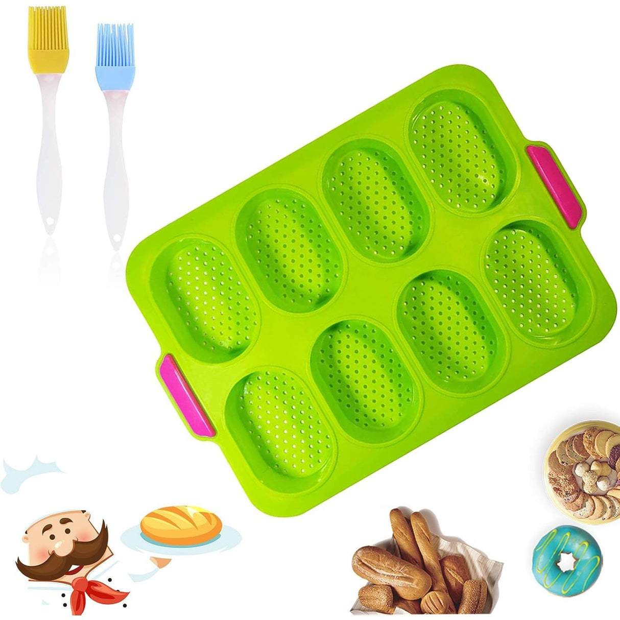Forme de Silicon pentru Copt, Vivimall, 8 Forme Ovale, pentru Paine si Prajituri, 34.5 x 23.8 x 2.5 cm, Verde/Roz - vivimall.ro