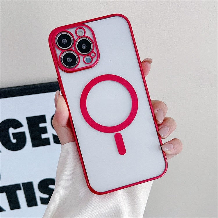 Husa MagSafe pentru Apple iPhone 14 Pro Max, Protectie camera, Full TPU, Margini colorate Electroplating, Magnetica, Incarcare Wireless, Flippy, Rosu - vivimall.ro