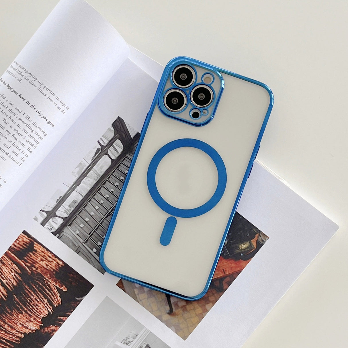 Husa MagSafe pentru Apple iPhone 12 Pro, Protectie camera, Full TPU, Margini colorate Electroplating, Magnetica, Incarcare Wireless, Flippy, Albastru - vivimall.ro