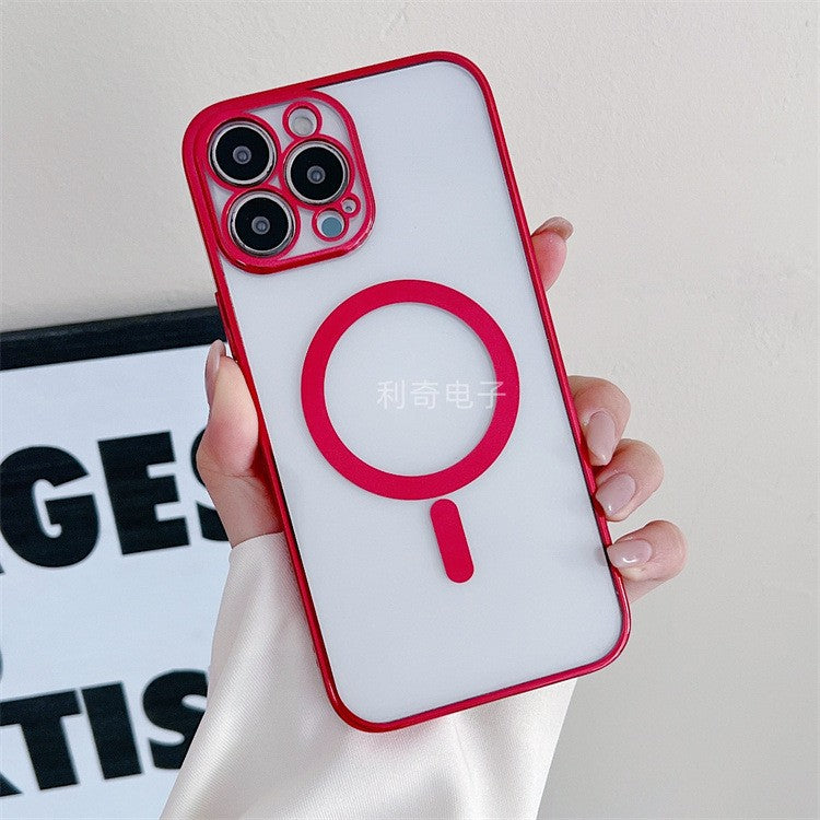 Husa MagSafe pentru Apple iPhone 13, Protectie camera, Full TPU, Margini colorate Electroplating, Magnetica, Incarcare Wireless, Flippy, Rosu - vivimall.ro