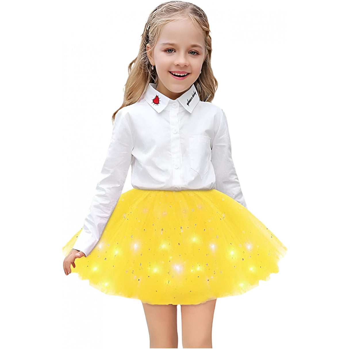 Fusta LED pentru Copii, Vivimall, Tutu de Balet pentru Fetite cu Luminite Multicolore Incorporate, Model Stelute, 30 cm Lungime, Galben - vivimall.ro