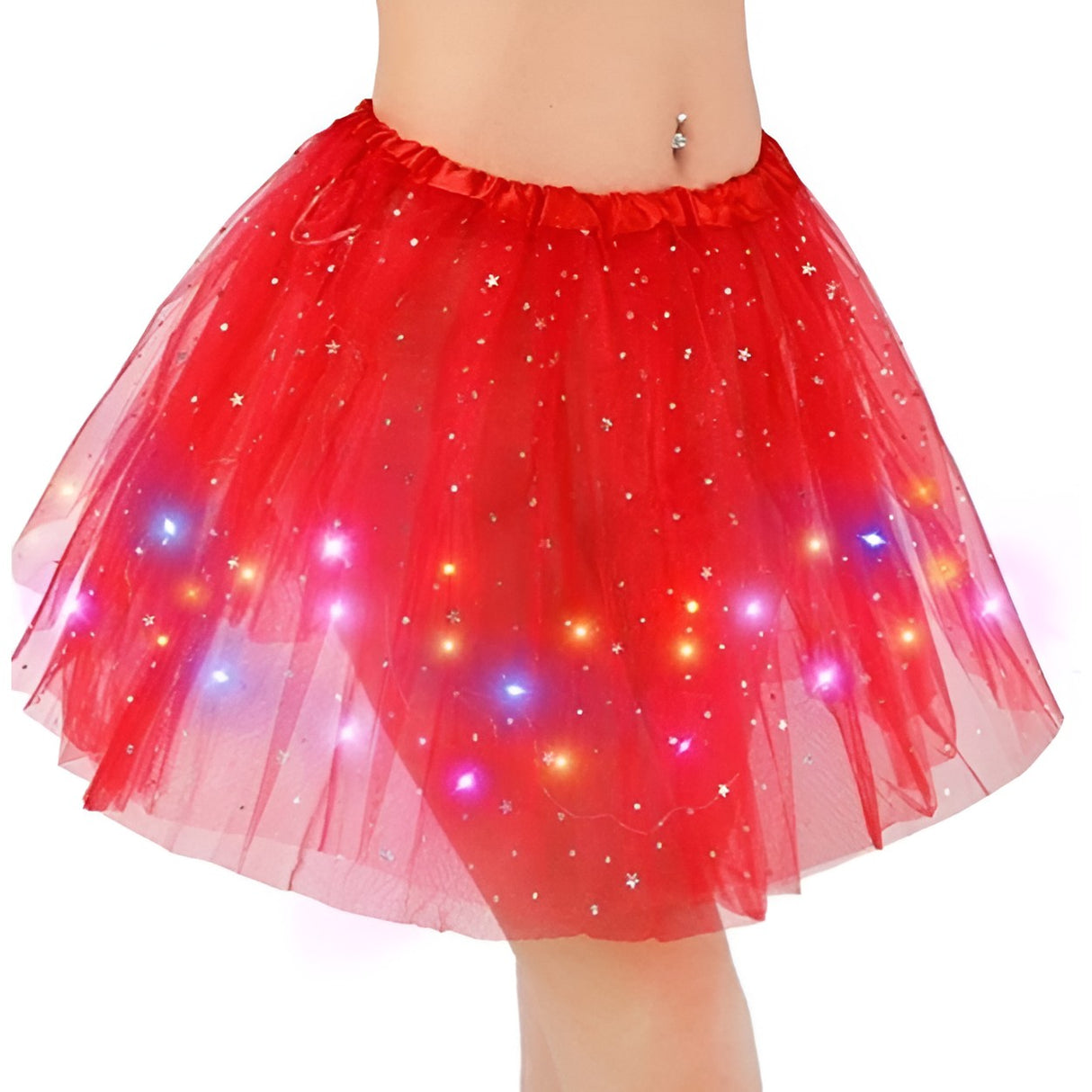 Fusta LED pentru Copii, Vivimall, Tutu de Balet pentru Fetite cu Luminite Multicolore Incorporate, Model Stelute, 30 cm Lungime, Rosu - vivimall.ro