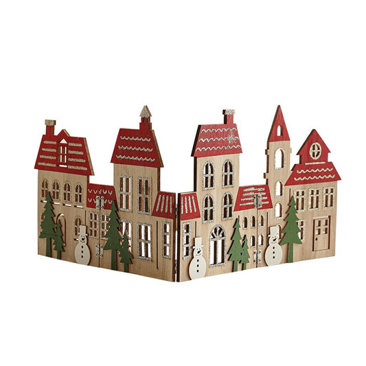 Decoratiune de Craciun, Vivimall, Model Orasel de Craciun pentru Brad, in stil European, Pliabil din Lemn, 57 x 20 cm, Maro Natur Rosu - vivimall.ro