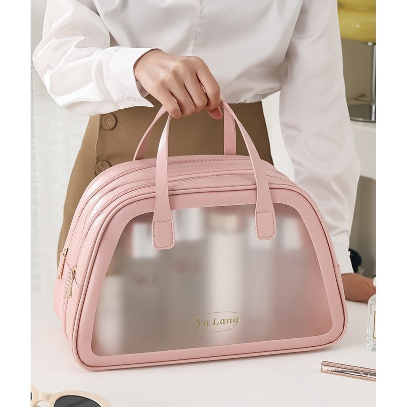 Geanta Cosmetice de Voiaj, Vivimall, Dubla Compartimentare, Impermeabila, Translucida Mata, 35 x 22 x 15 cm, Roz - vivimall.ro