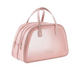 Geantă cosmetice voiaj roz Vivimall, vedere frontală, dublă compartimentare, 35x22x15 cm, material PVC translucid mat