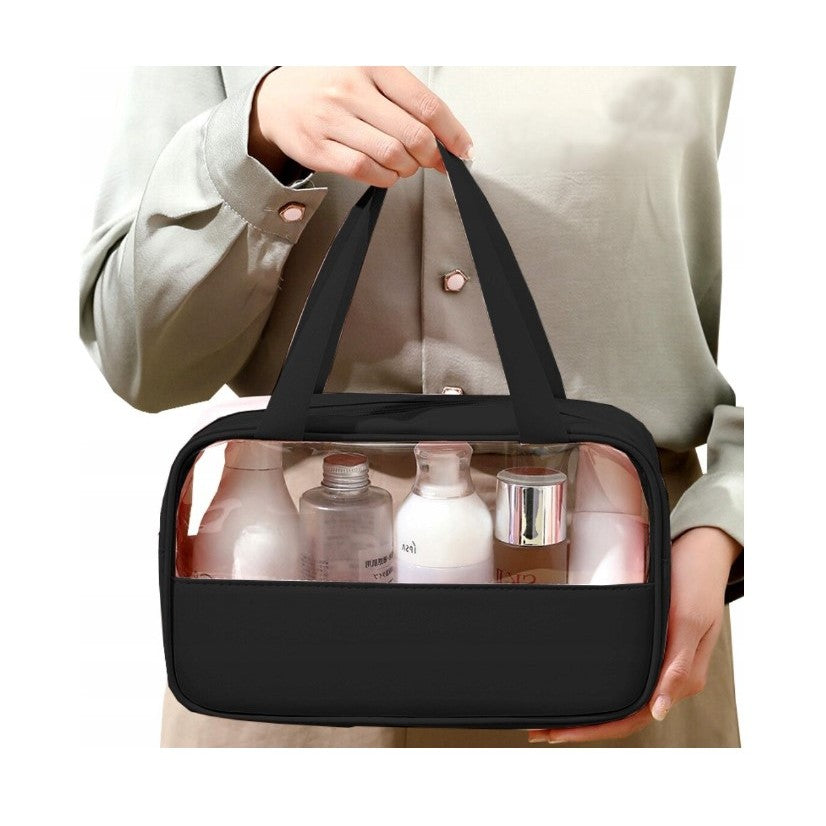 Geanta cosmetice Flippy, pentru voiaj sau organizare, material PVC/textil, impermeabila, portabila, 26 x 15 x 10 cm, negru - vivimall.ro