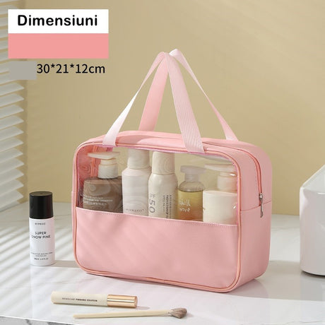 Geanta cosmetice Vivimall, pentru voiaj sau organizare, material PVC/textil, impermeabila, portabila, 30 x 21 x 12 cm, roz - vivimall.ro
