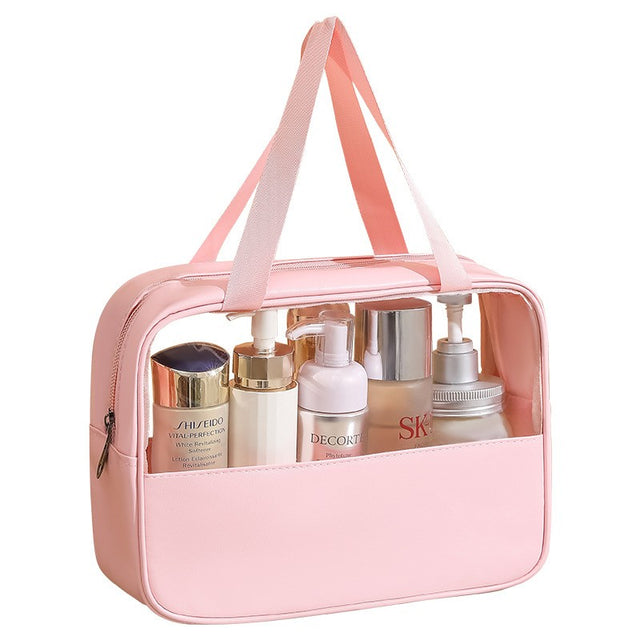 Geanta cosmetice Vivimall, pentru voiaj sau organizare, material PVC/textil, impermeabila, portabila, 30 x 21 x 12 cm, roz - vivimall.ro