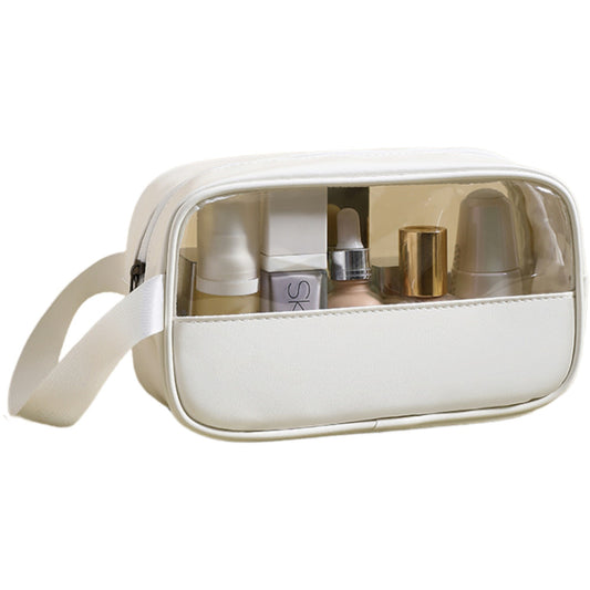 Geanta cosmetice Vivimall, pentru voiaj sau organizare, material PVC/textil, impermeabila, portabila, 22 x 12 x 8 cm, alb - vivimall.ro