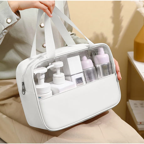 Geanta cosmetice Vivimall, pentru voiaj sau organizare, material PVC/textil, impermeabila, portabila, 26 x 15 x 10 cm, alb - vivimall.ro