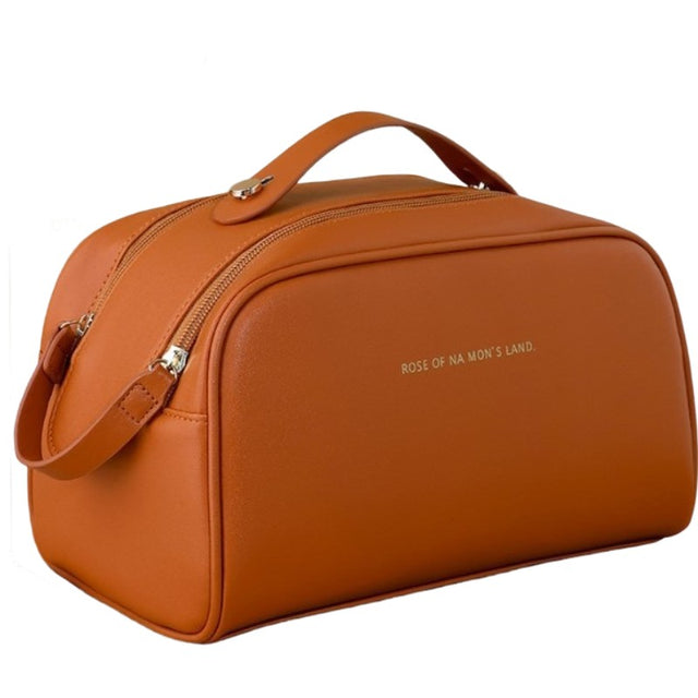 Geanta cosmetice pentru femei Vivimall, material poliuretan, 25 x 14.5 x 14.5 cm, Impermeabila, Maro - vivimall.ro