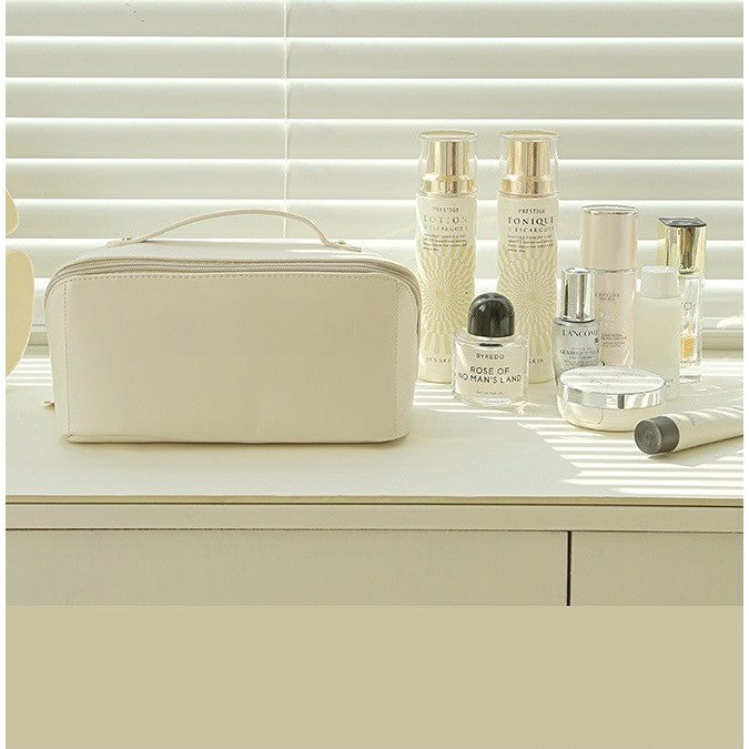 Geanta de Calatorie Vivimall, Pentru Cosmetice, Portabila, Impermeabila, din Piele Ecologica, Compartimente Multiple, cu Fermoar, 23 x 11.5 x 10.5 cm, Crem - vivimall.ro