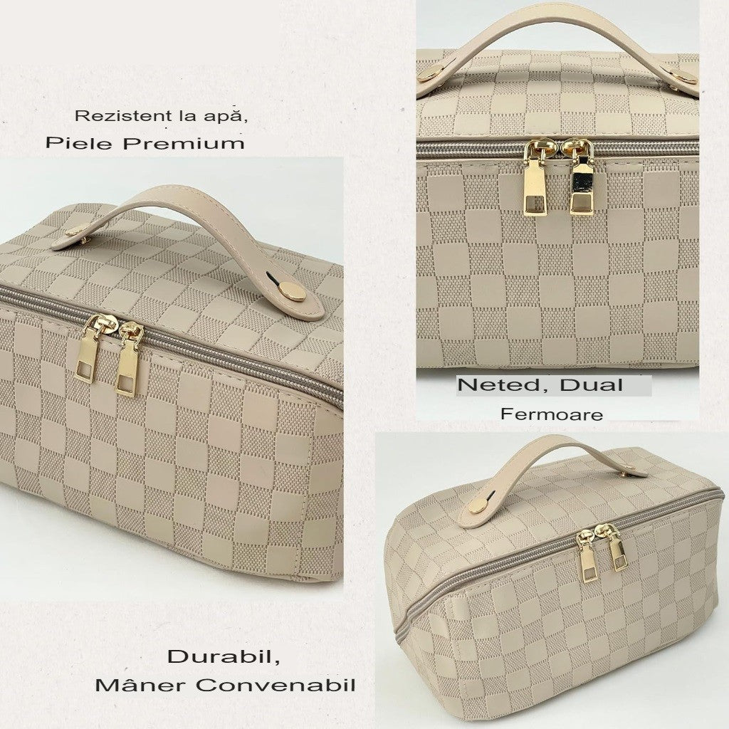 Geanta de Calatorie Vivimall, Pentru Cosmetice, Portabila, Impermeabila, din Piele Ecologica, Compartimente Multiple, cu Fermoar, 22 x 13 x 12.5 cm, In Carouri, Alb - vivimall.ro