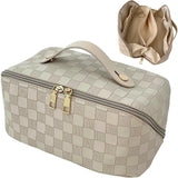Geanta de Calatorie Vivimall, Pentru Cosmetice, Portabila, Impermeabila, din Piele Ecologica, Compartimente Multiple, cu Fermoar, 22 x 13 x 12.5 cm, In Carouri, Alb - vivimall.ro