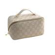Geanta de Calatorie Vivimall, Pentru Cosmetice, Portabila, Impermeabila, din Piele Ecologica, Compartimente Multiple, cu Fermoar, 22 x 13 x 12.5 cm, In Carouri, Alb - vivimall.ro