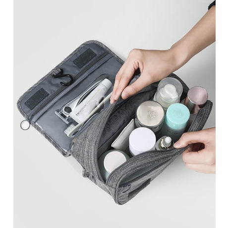 Geanta cosmetice voiaj, Vivimall, material panza, impermeabil, 3 compartimente, cu agatatoare, Gri, 47 x 28 x 20   cm - vivimall.ro