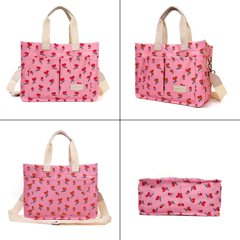 Geanta de Mana/Umar, Multifunctionala, Vivimall, Inchidere cu Capsa, Imprimeu Cirese, Material Textil, 33.5 x 25 x 14.5 cm, Roz - vivimall.ro