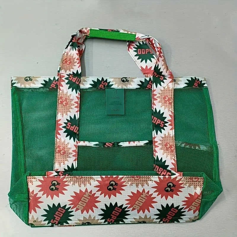 Geanta de Plaja, Vivimall, din Plasa Transparenta, Imprimeu Boom, 43 x 10 x 33 cm, Model pentru Umar, Lungime Inferioara 33 cm, Verde - vivimall.ro