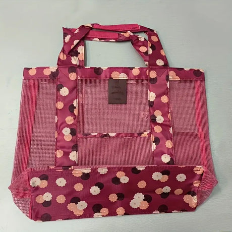 Geanta de Plaja, Vivimall, din Plasa Transparenta, Imprimeu Floral, 43 x 10 x 33 cm, Model pentru Umar, Lungime Inferioara 33 cm, Burgundy - vivimall.ro