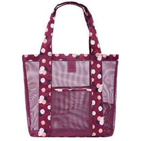 Geanta de Plaja, Vivimall, din Plasa Transparenta, Imprimeu Floral, 43 x 10 x 33 cm, Model pentru Umar, Lungime Inferioara 33 cm, Burgundy - vivimall.ro