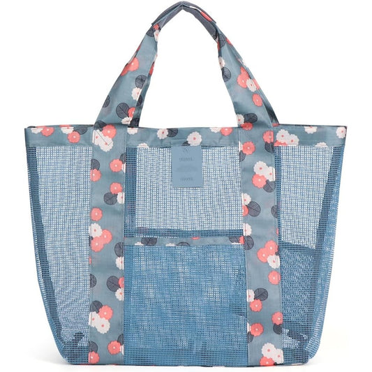 Geanta de Plaja, Vivimall, din Plasa Transparenta, Imprimeu Floral, 43 x 10 x 33 cm, Model pentru Umar, Lungime Inferioara 33 cm, Albastru - vivimall.ro
