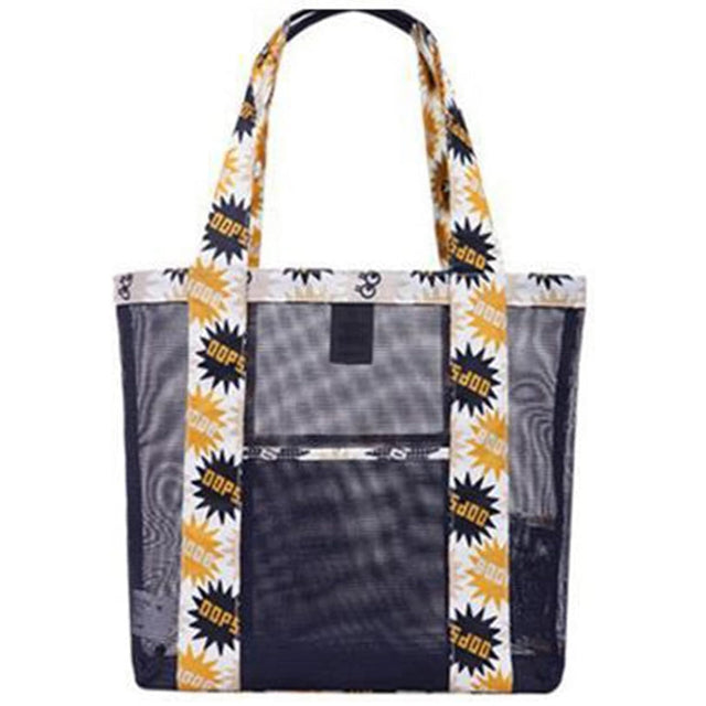 Geanta de Plaja, Vivimall, din Plasa Transparenta, Imprimeu Oops, 43 x 10 x 33 cm, Model pentru Umar, Lungime Inferioara 33 cm, Negru - vivimall.ro