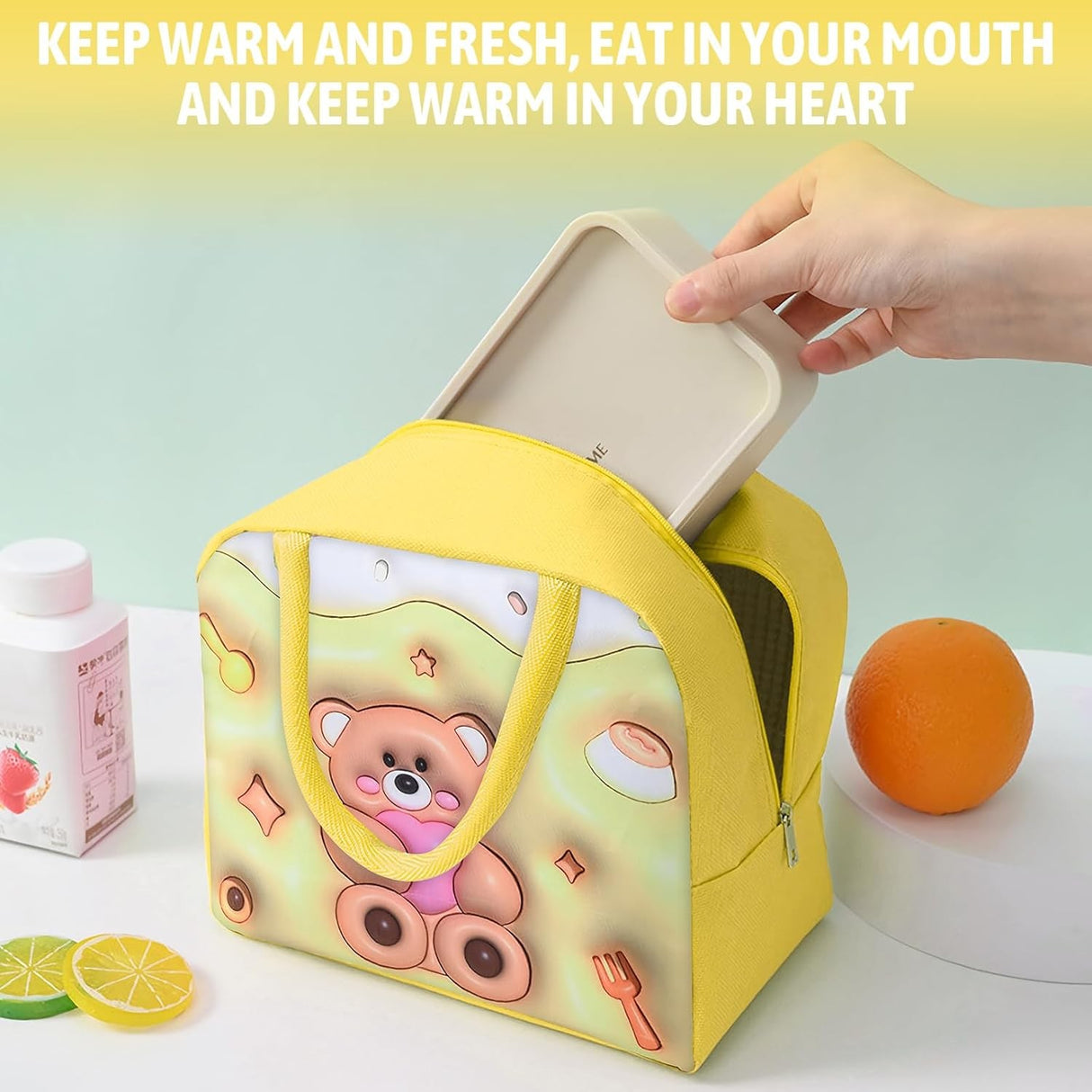 Geantă Frigorifică, Vivimall, cu Desene Animate 3D, Portabilă pentru Copii, de Prânz, din Pânză Oxford, 23x13x19 cm, Model Ursulet, Galben - vivimall.ro