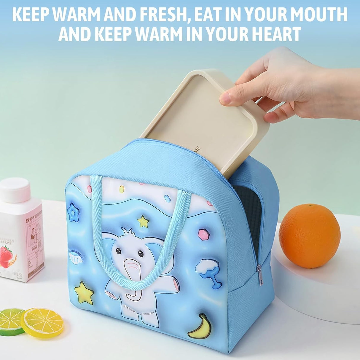 Geantă Frigorifică, Vivimall, cu Desene Animate 3D, Portabilă pentru Copii, de Prânz, din Pânză Oxford, 23x13x19 cm, Model Elefantel, Albastru - vivimall.ro