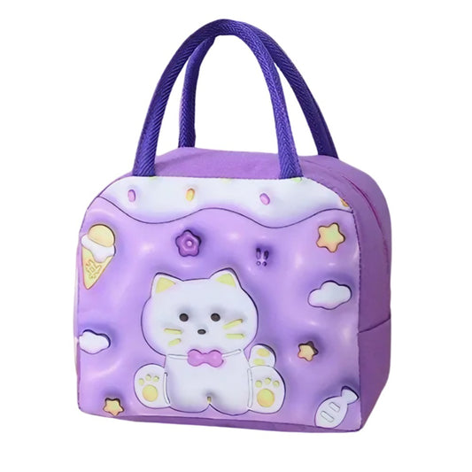 Geantă Frigorifică, Vivimall, cu Desene Animate 3D, Portabilă pentru Copii, de Prânz, din Pânză Oxford, 23x13x19 cm, Model Pisicuta, Mov - vivimall.ro