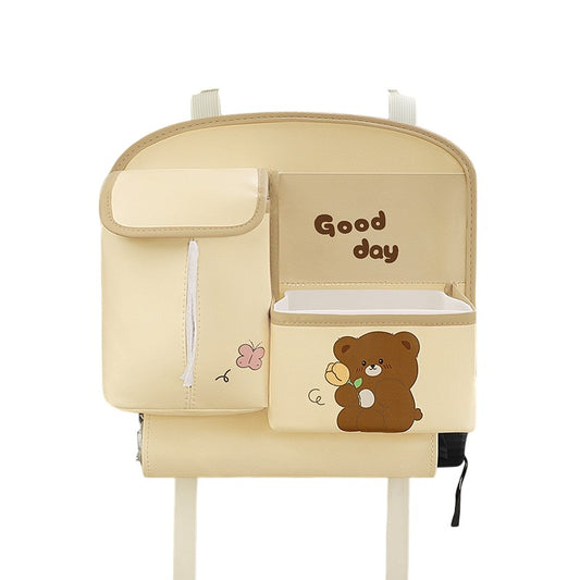 Geanta Multifunctionala de Depozitare, Vivimall, pentru Bancheta din Spate a Masinii, Animat, Model Ursuleti, Scris Good Day, Suport Servetele si Telefon, 25x31 cm, Bej - vivimall.ro