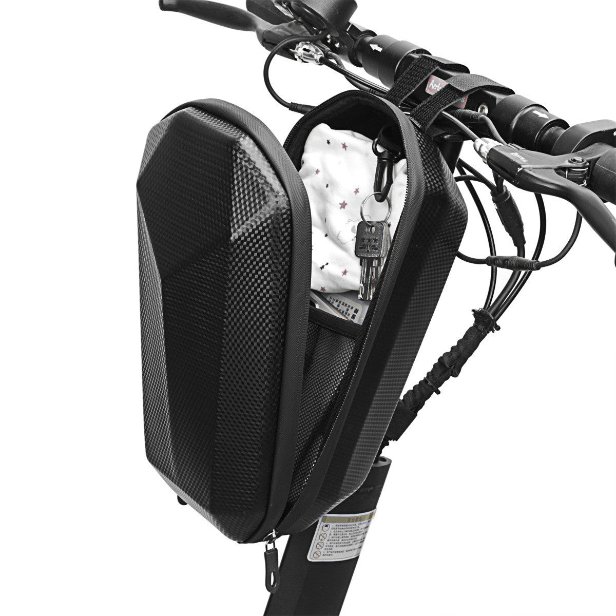 Geantă frontală negru trotineta electrică, detaliu sistem de prindere și închidere fermoar