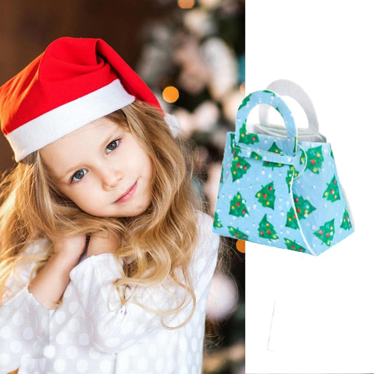 Geanta pentru Copii, Vivimall, Pliabila, pentru Cadouri de Craciun, din Panza Netesuta, Braduti, 13 x 12 x 6 cm, Verde - vivimall.ro