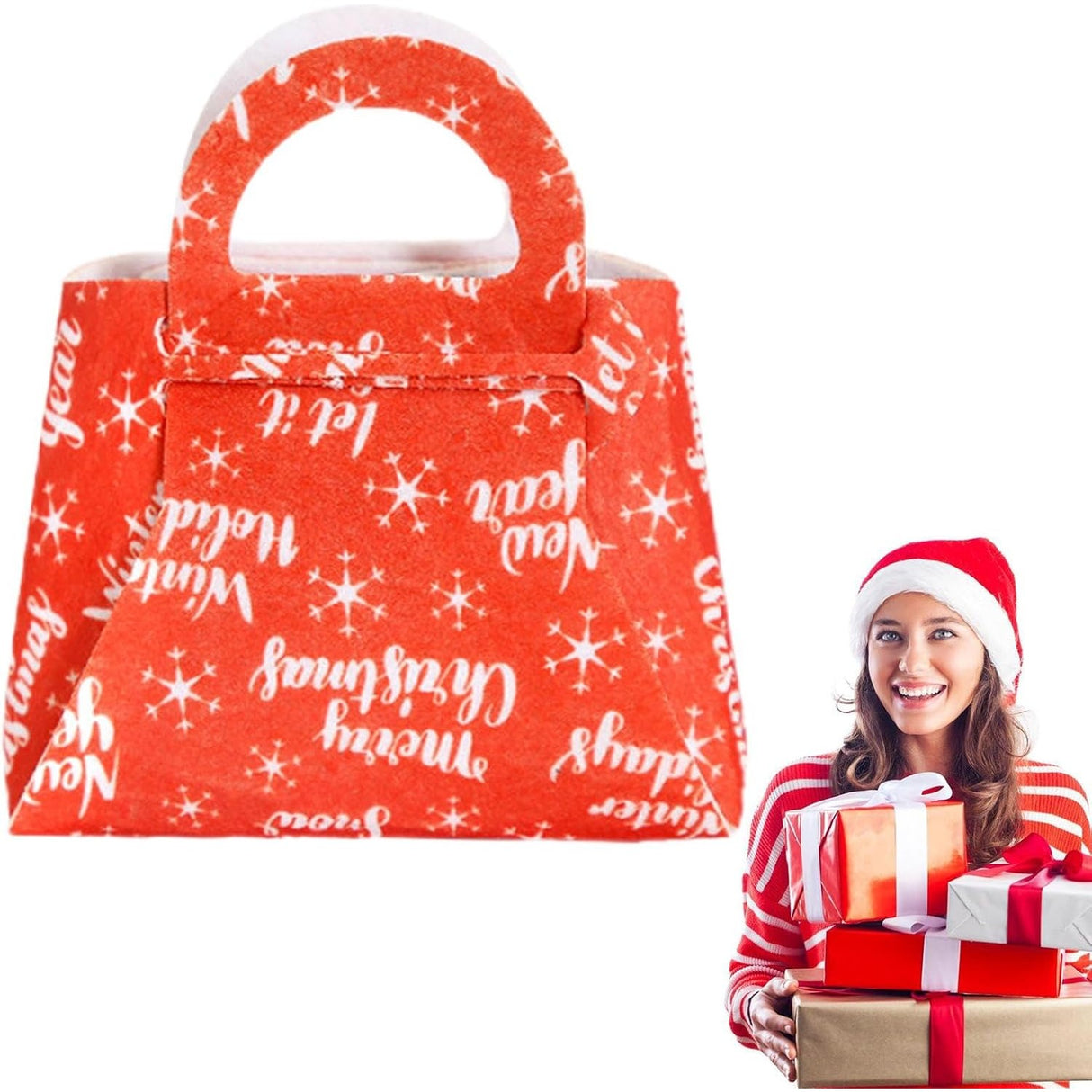 Geanta pentru Copii, Vivimall, Pliabila, pentru Cadouri de Craciun, din Panza Netesuta, Merry Christmas, 13 x 12 x 6 cm, Rosu - vivimall.ro