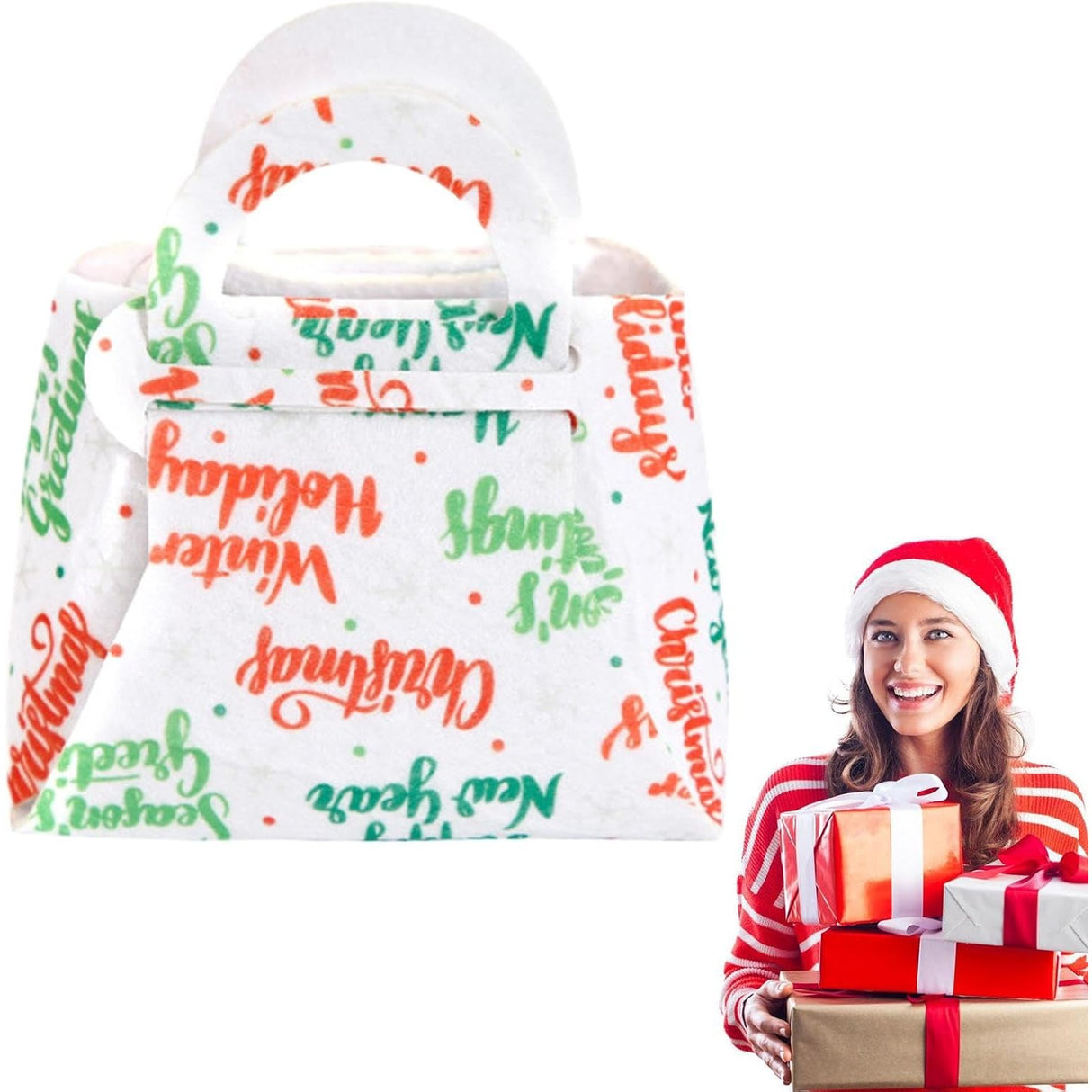 Geanta pentru Copii, Vivimall, Pliabila, pentru Cadouri de Craciun, din Panza Netesuta, Mesaje de Craciun, 13 x 12 x 6 cm, Alb - vivimall.ro