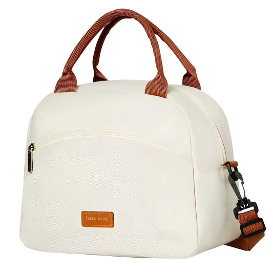 Geanta Termica pentru Pranz Vivimall, Multifunctionala, Compartimentata, Impermeabila, 2 Tipuri de Manere, 26x14.3x21.2 cm, Crem - vivimall.ro