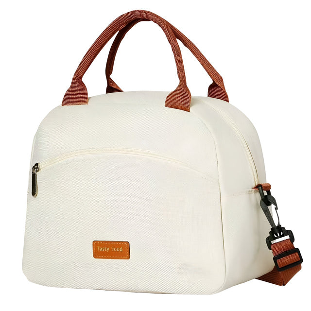 Geanta Termica pentru Pranz Vivimall, Multifunctionala, Compartimentata, Impermeabila, 2 Tipuri de Manere, 26x14.3x21.2 cm, Crem - vivimall.ro