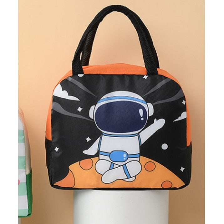 Geanta Termoizolanta pentru Copii, Vivimall, 23x13x19 cm, Model Imprimeu Astronaut, din Folie de Aluminiu si Panza Oxford, Negru/Portocaliu - vivimall.ro