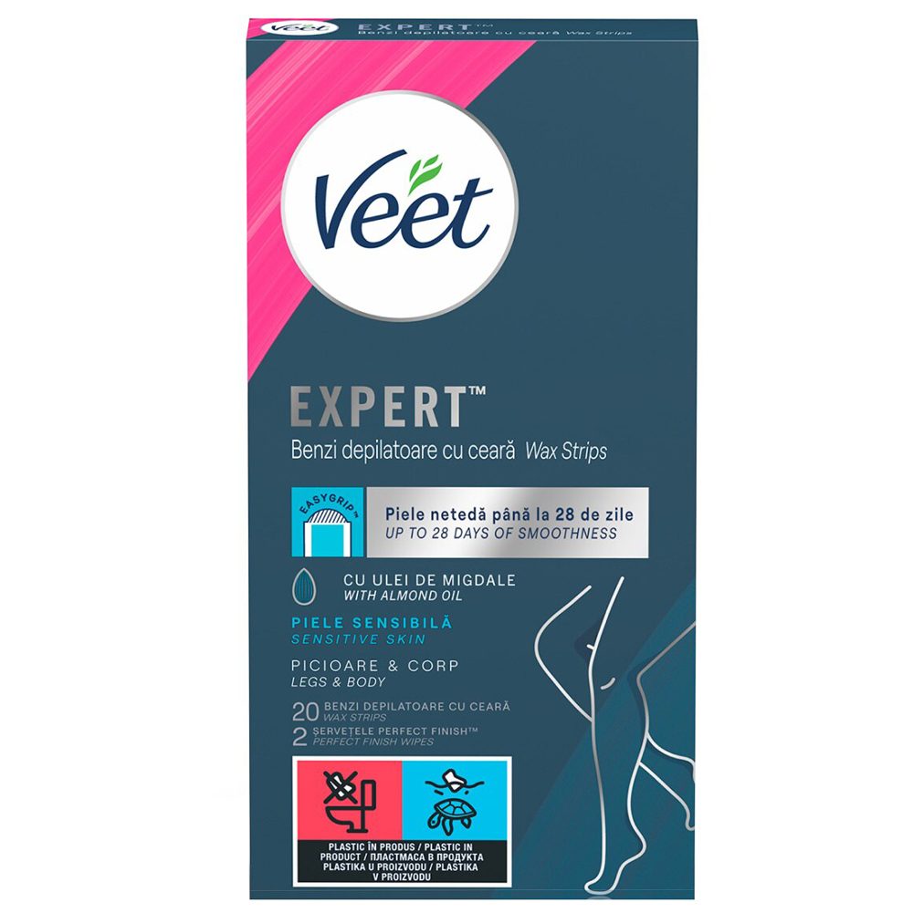 Benzi ceară depilatoare Veet Easy pentru corp, set 12 bucăți, formulate pentru piele sensibilă