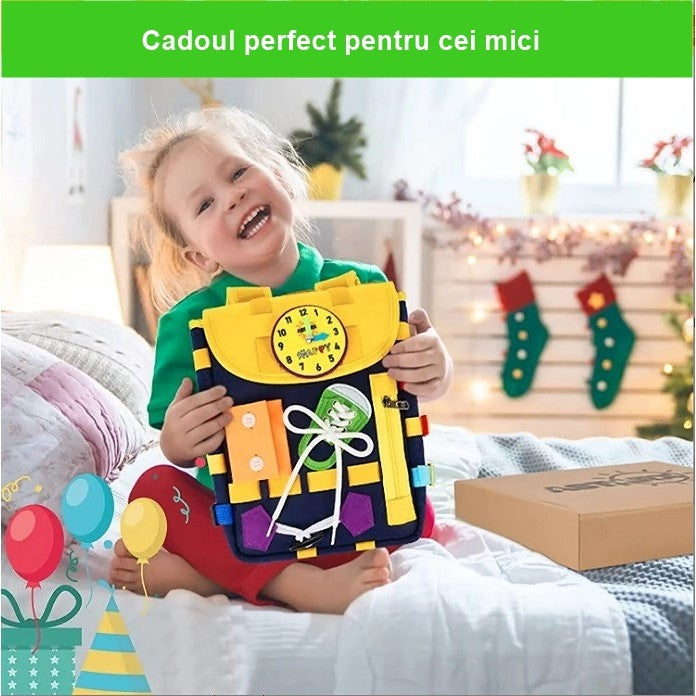 Ghiozdan Montessori, Vivimall, pentru Copii 2-6 ani, Fidget Pop, cu Catarame si Fermoare, Jucarii Senzoriale, Activitate de Invatare prin Joc, Albastru Marin, 0.25 kg, 28x10x23 cm - vivimall.ro
