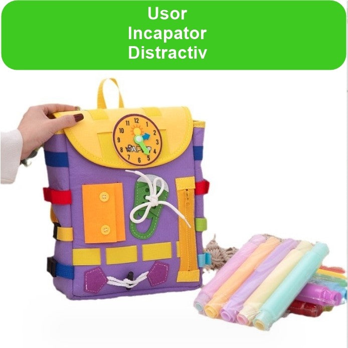 Ghiozdan Montessori, Vivimall, pentru Copii 2-6 ani, Fidget Pop, cu Catarame si Fermoare, Jucarii Senzoriale, Activitate de Invatare prin Joc, Mov, 0.25 kg, 28x10x23 cm - vivimall.ro