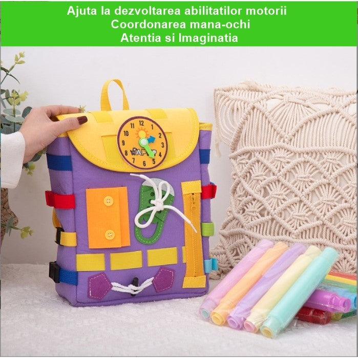 Ghiozdan Montessori, Vivimall, pentru Copii 2-6 ani, Fidget Pop, cu Catarame si Fermoare, Jucarii Senzoriale, Activitate de Invatare prin Joc, Mov, 0.25 kg, 28x10x23 cm - vivimall.ro