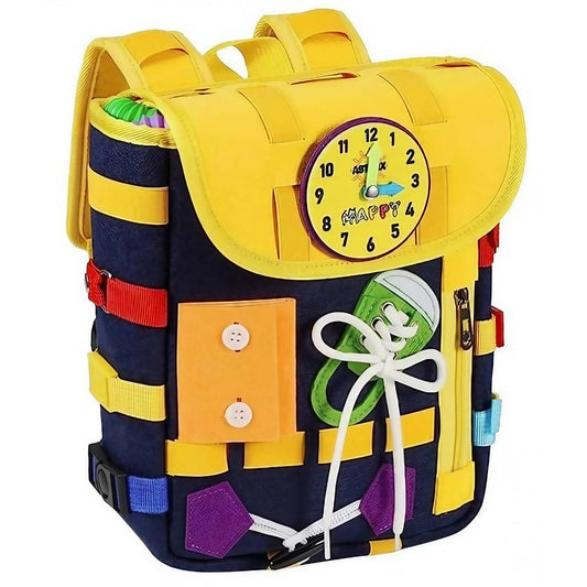 Ghiozdan Montessori, Vivimall, pentru Copii 2-6 ani, Fidget Pop, cu Catarame si Fermoare, Jucarii Senzoriale, Activitate de Invatare prin Joc, Albastru Marin, 0.25 kg, 28x10x23 cm - vivimall.ro