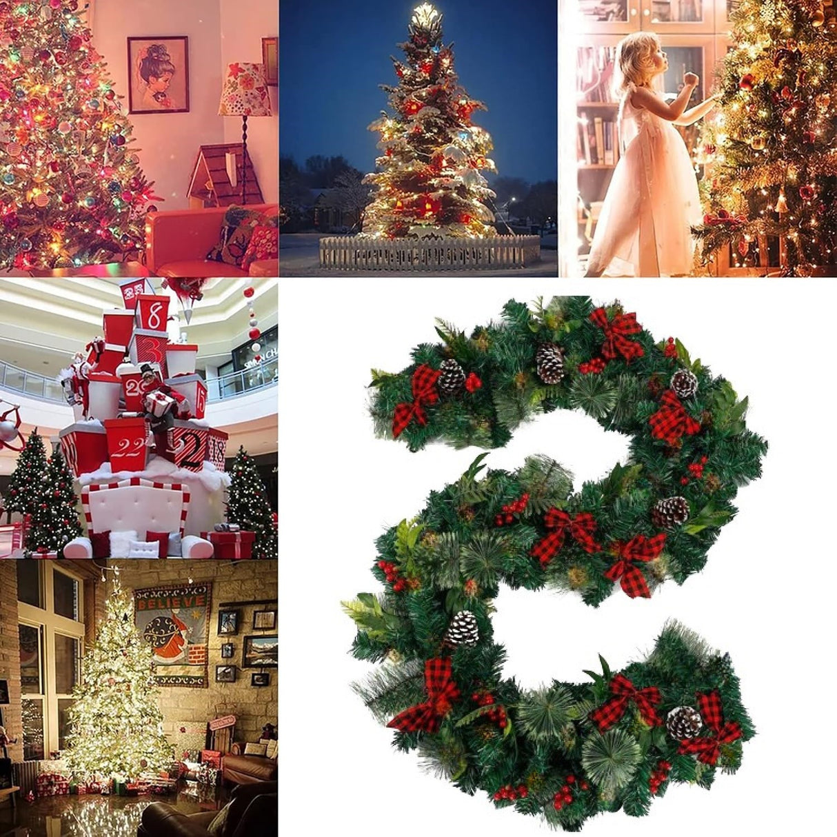 Ghirlanda decorativa Craciun cu funde rosii si conuri de brad, Vivimall, 2,70 m, Verde - vivimall.ro