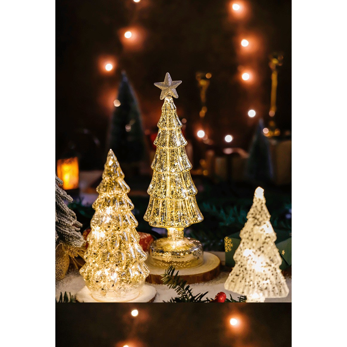 Decoratiune de Craciun, Flippy, Model Brad cu Stea, din Sticla, Lumini, Baterii 3 AA, 24 x 8 cm, Auriu - vivimall.ro